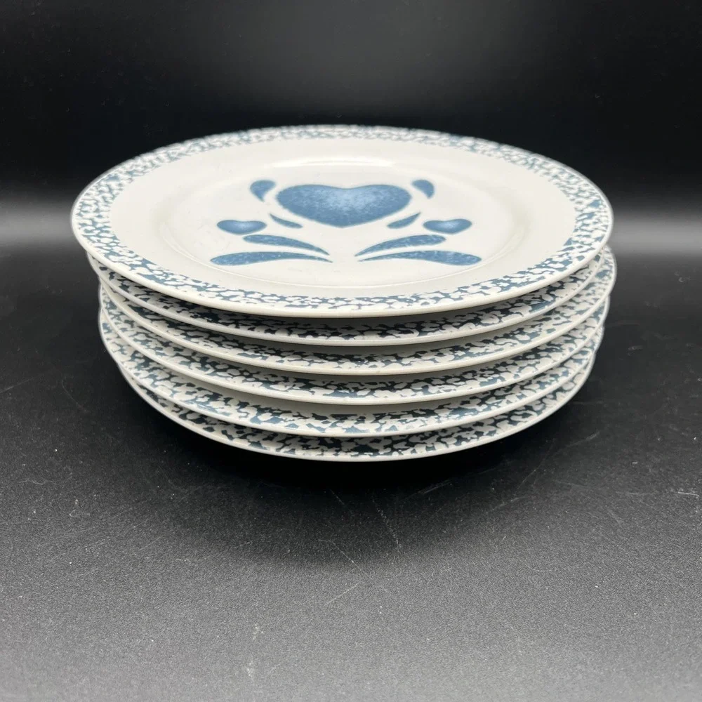 6 Jay Import Blue Hearts Sponge Bread Salad Dessert‎ Plates 7 3/4